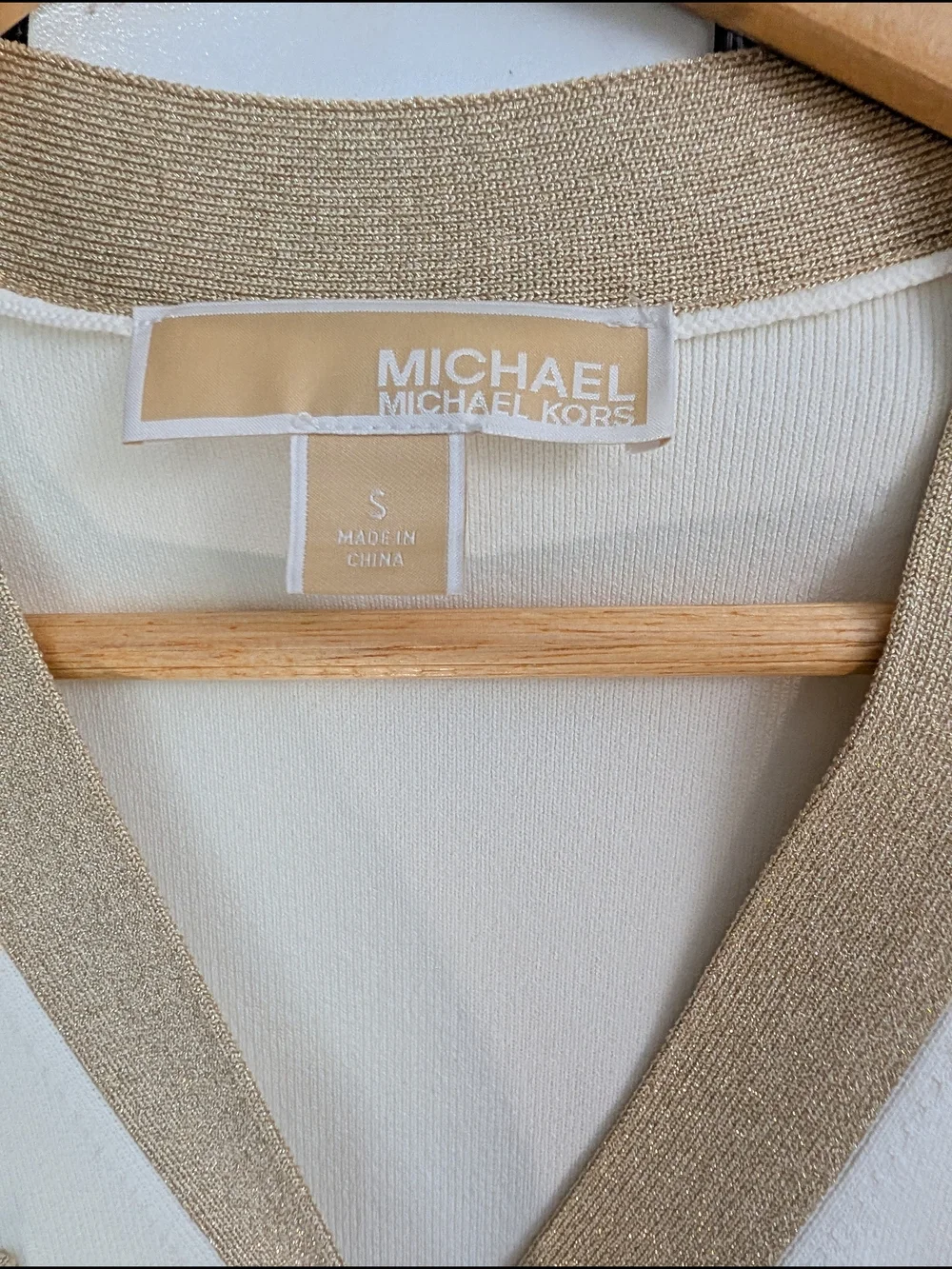 Michael Kors Cream Cardigan with Tan Trim and Navy Accent